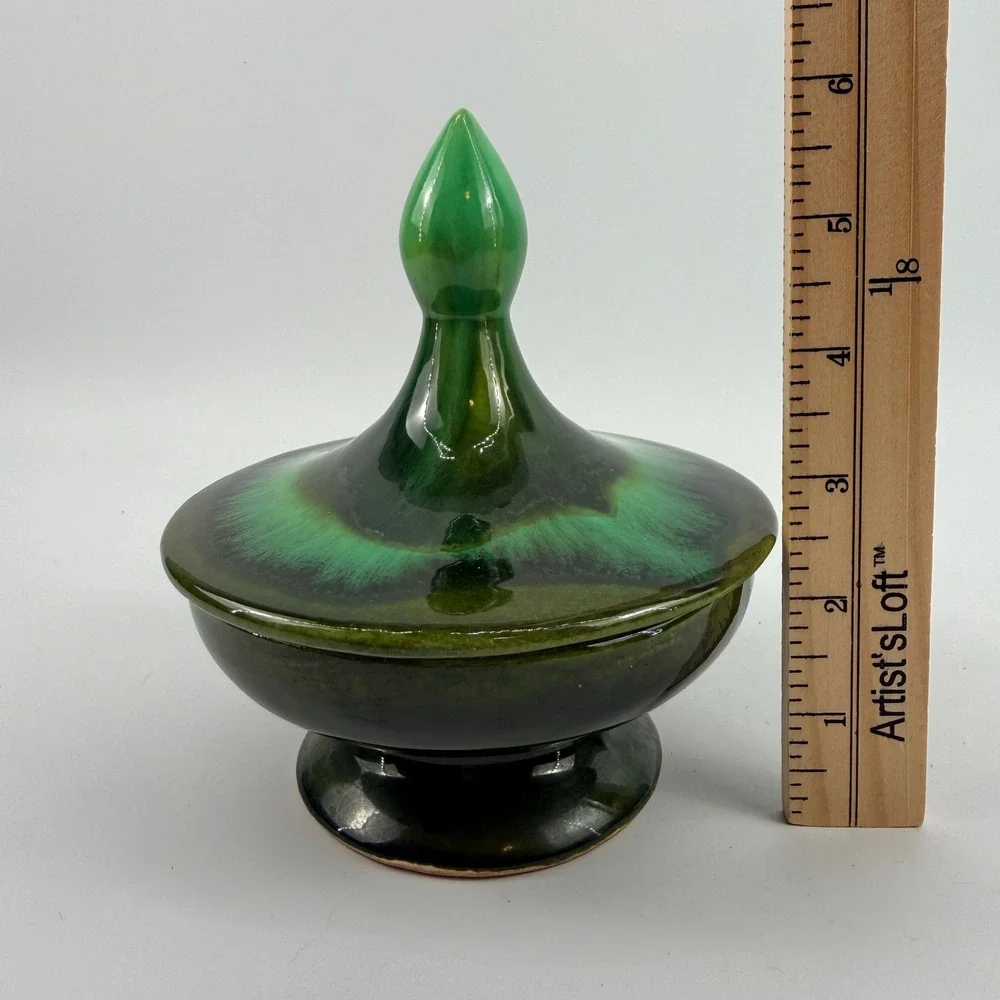 DeForest of California Green Drip Glaze Covered Pedestal Candy Dish w Lid